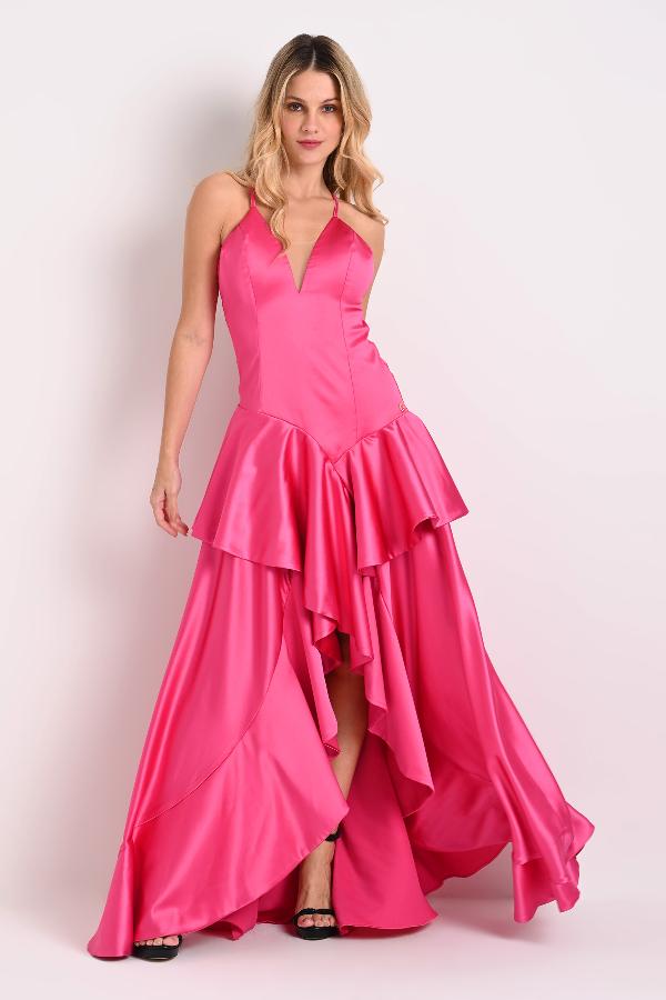 VESTIDO LARGO CON VOLADOS ASIMETRICOS