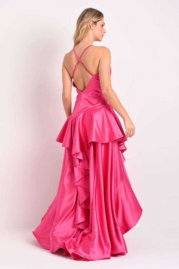 VESTIDO LARGO CON VOLADOS ASIMETRICOS